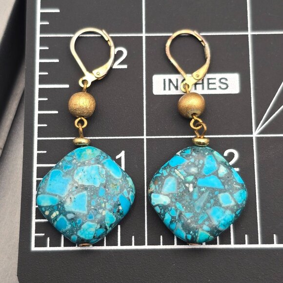 Faux Turquoise Dangle Earrings 2" Gold-Tone Accents & Lever Back Hooks - Picture 9 of 10